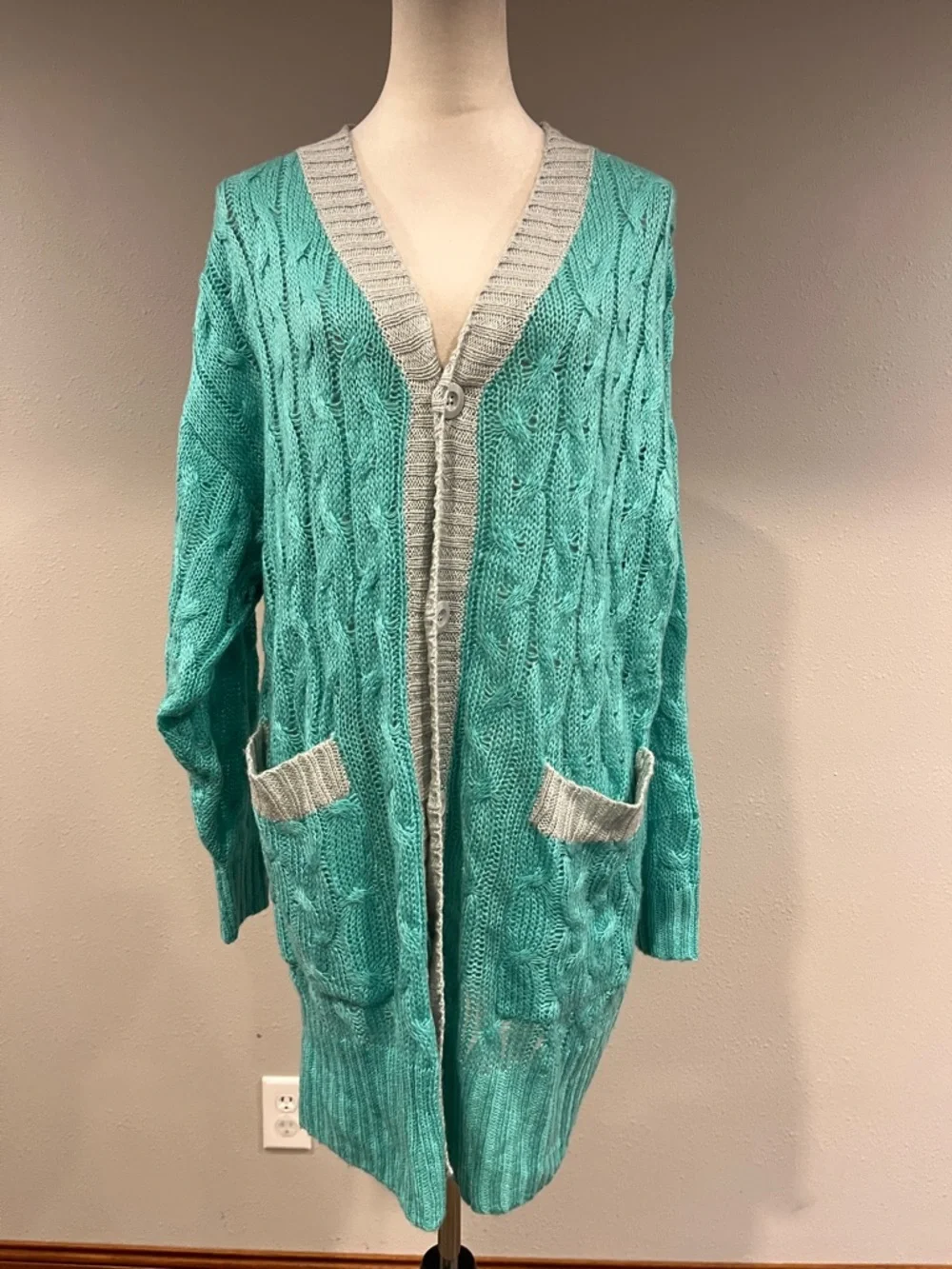 LuLaRoe oversized Teal Cable-Knit Cardigan with Gray Trim size medium